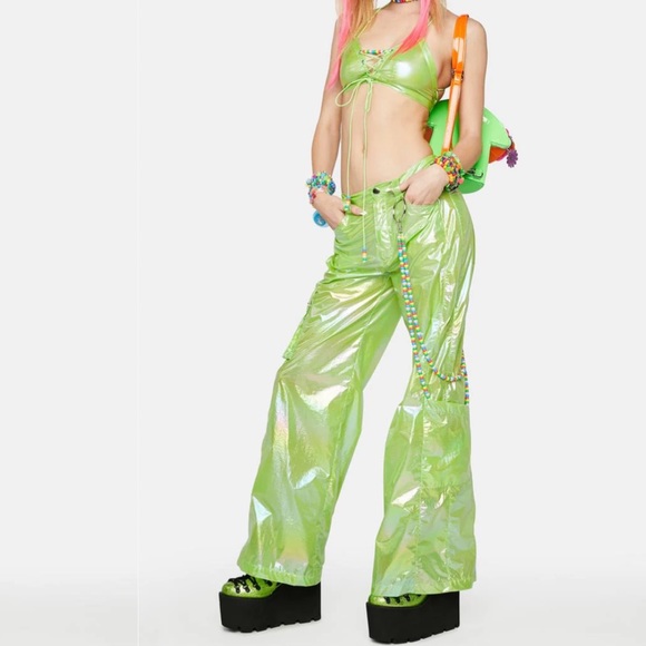 Lime green parachute pants kandi kid wide leg y2k cyberpunk rave edc edm shuffle - Picture 4 of 7